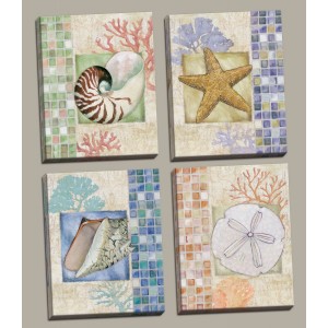 Beautiful Mosaic Seashell Starfish Sand dollar and Coral Collage; Coastal Decor; Four 8 by 10-Inch Hand-Stretched Canvases   